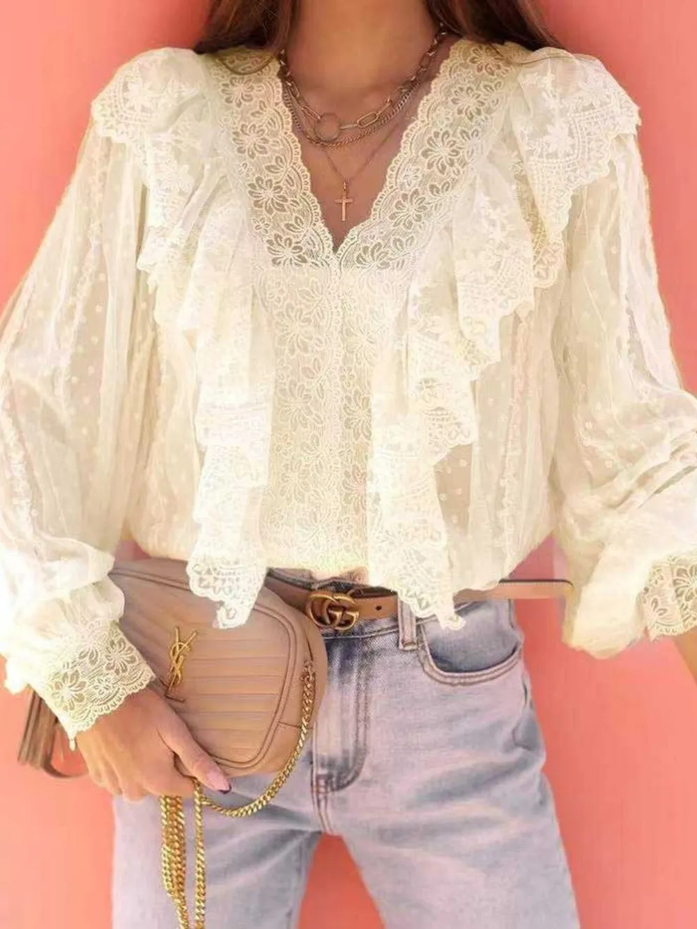Lace Trim Ruffle V-Neck Long Sleeve Blouse