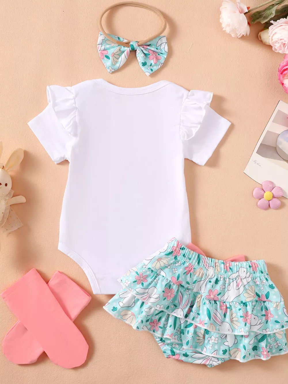 Children's Ruffled Trim Bodysuit and Skirt Set with Headband, image 12