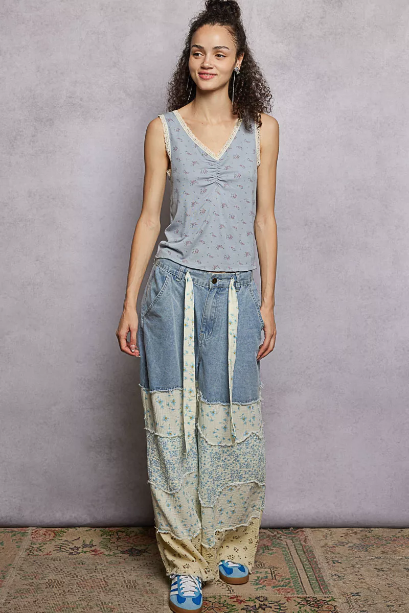 Ruched Floral V-Neck Tank with Lace Detail, image 6