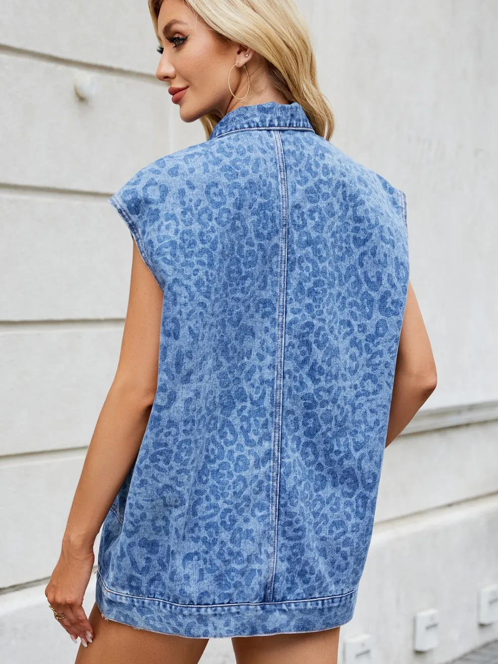 Leopard Button Up Cap Sleeve Denim Jacket, image 3