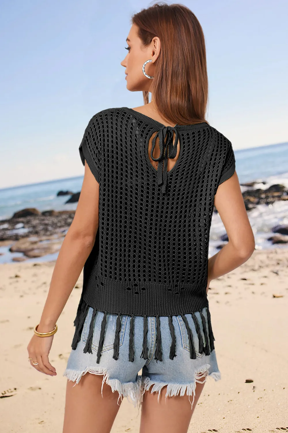 Openwork Cap Sleeve Knit Cover Up with Tassel, image 2
