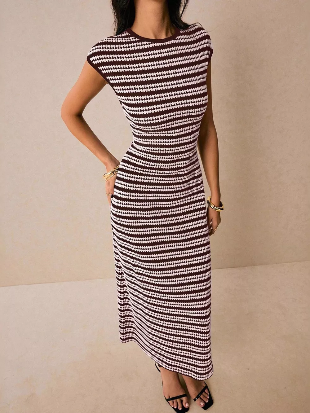 Striped Cap Sleeve Bodycon Midi Dress, image 14