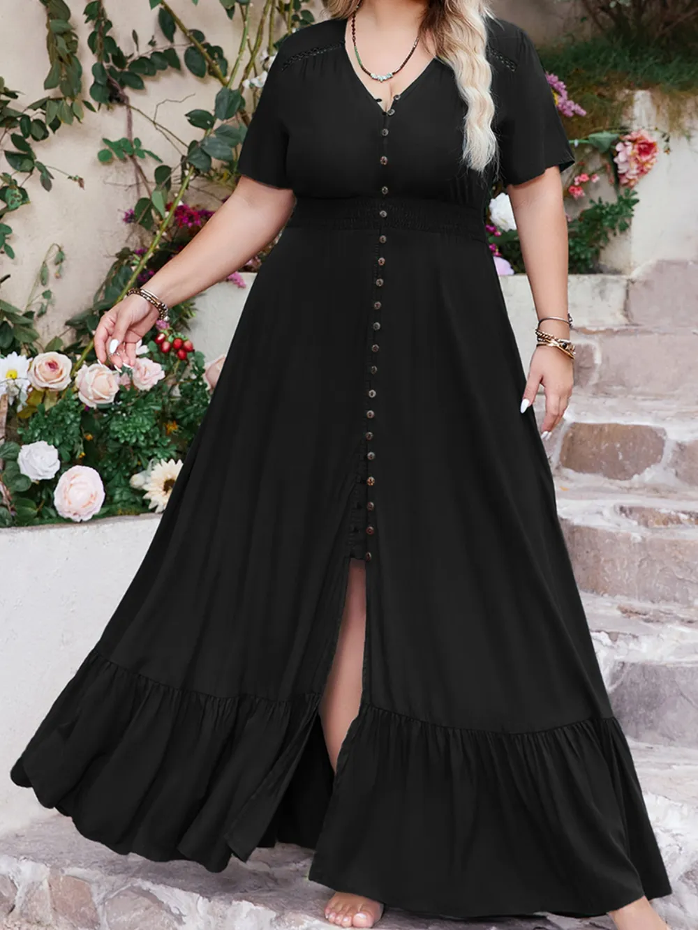 Plus Size Ruffled Hem Button Down V-Neck Short Sleeve Maxi Dress, image 3