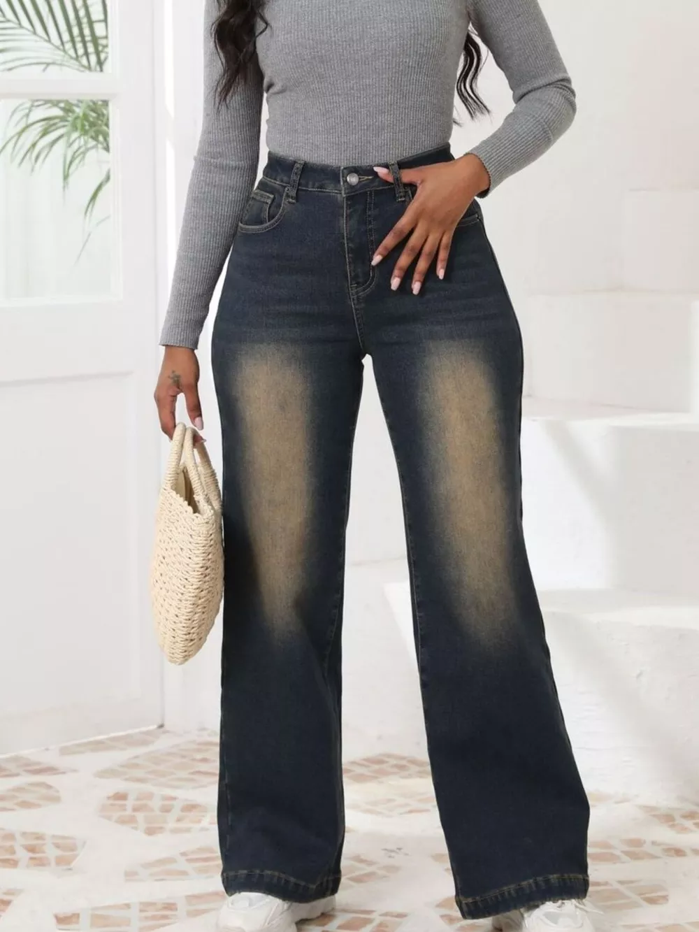 High-Waisted Washed Wide-Leg Jeans, image 4