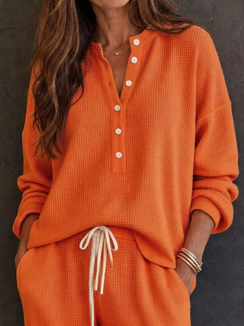 Waffle Knit Henley Top and Wide Leg Pants Set, image 17