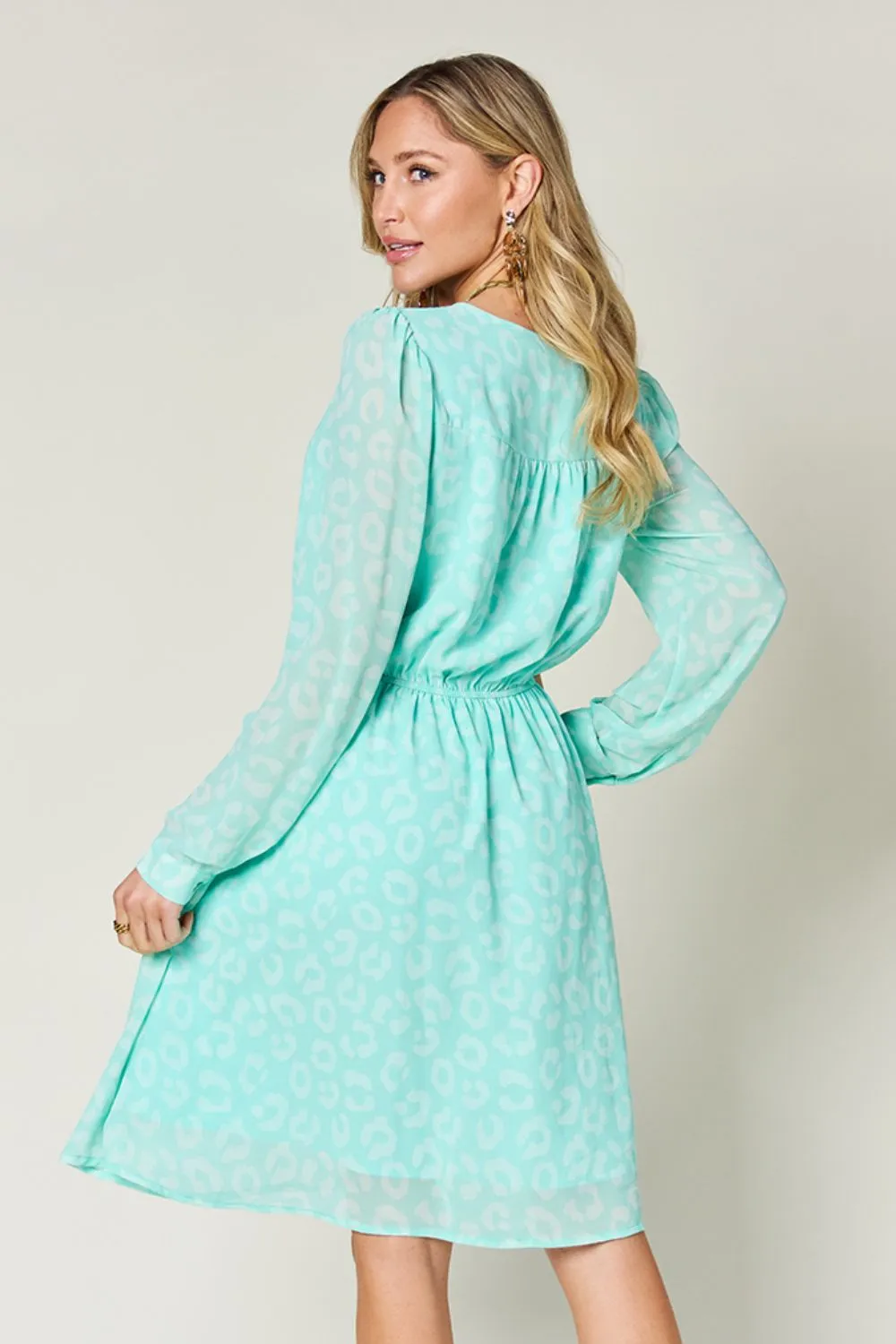 Full Size Printed Ruched V-Neck Long Sleeve Dress, image 8