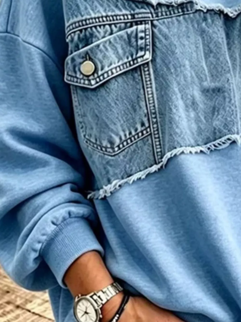 Full Size Denim Patchwork Dropped Shoulder Sweatshirt Plus Size, image 8