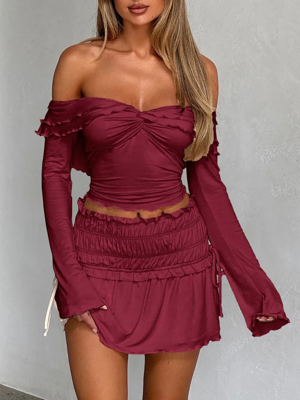 Twisted Ruffled Off-Shoulder Long Sleeve T-Shirt, image 8