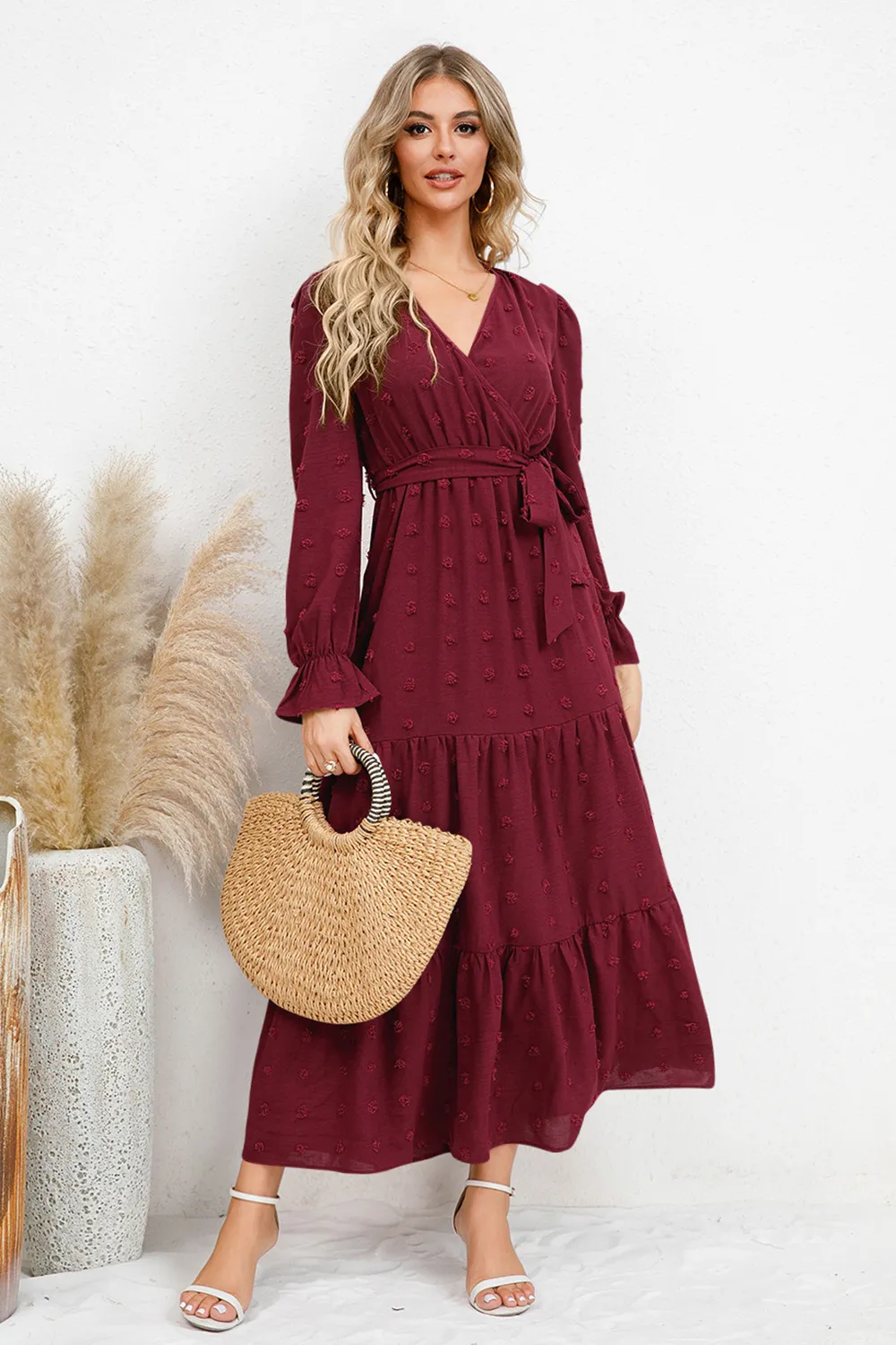 Swiss Dot Tied Surplice Flounce Sleeve Dress, image 5