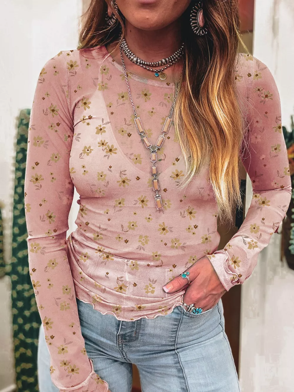 Floral Print Long Sleeve Mesh Blouse, image 2