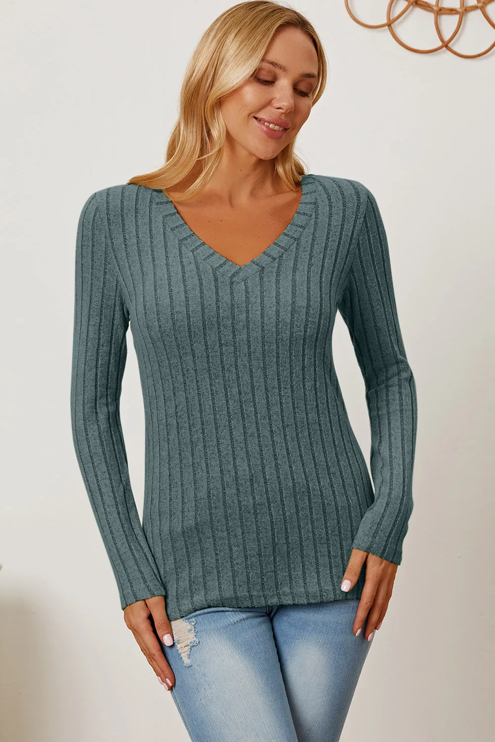 Full Size Ribbed V-Neck Long Sleeve T-Shirt, image 14