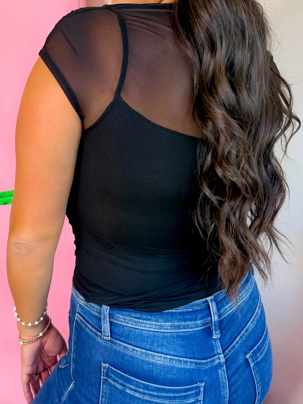 Sheer Mesh Patchwork Cap Sleeve T Shirt, image 2