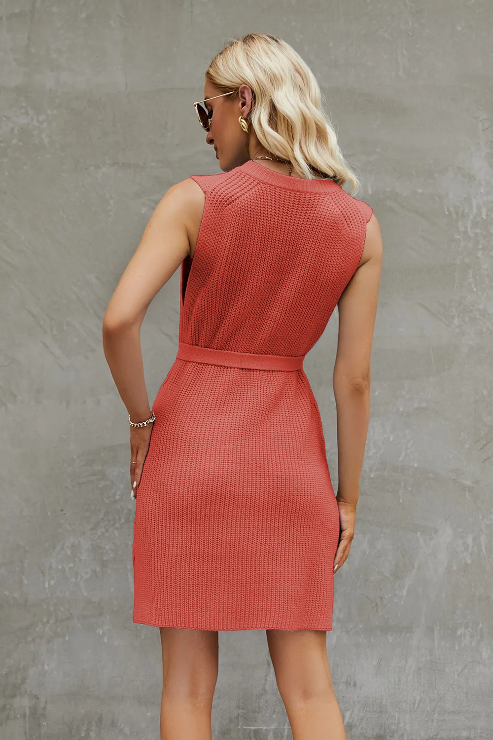 Tied Round Neck Sleeveless Sweater Dress, image 3