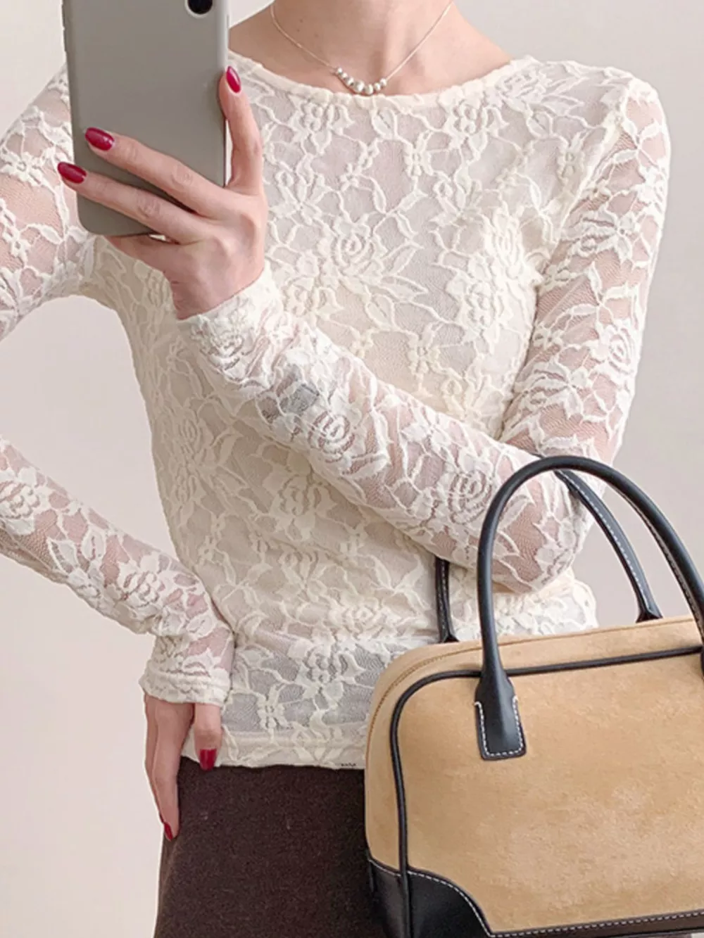 Lace Round Neck Long Sleeve Top, image 37