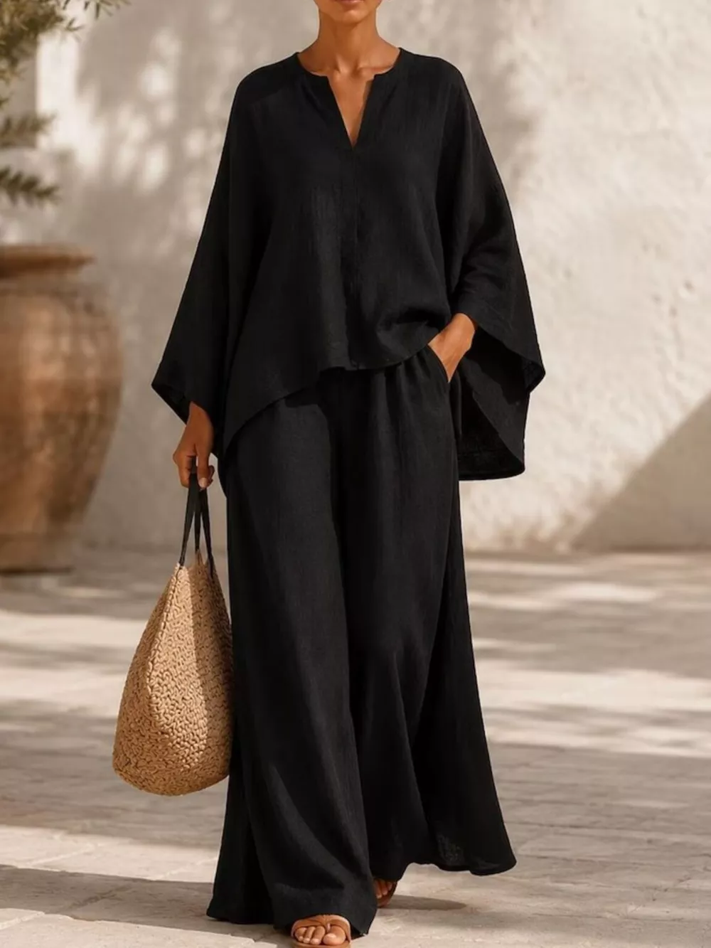Full Size Loose Fit Top and Wide-Leg Pants Set Plus Size