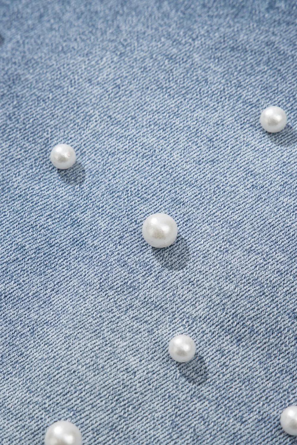 Pearl Beaded Raw Hem Wash Denim Shorts, image 6