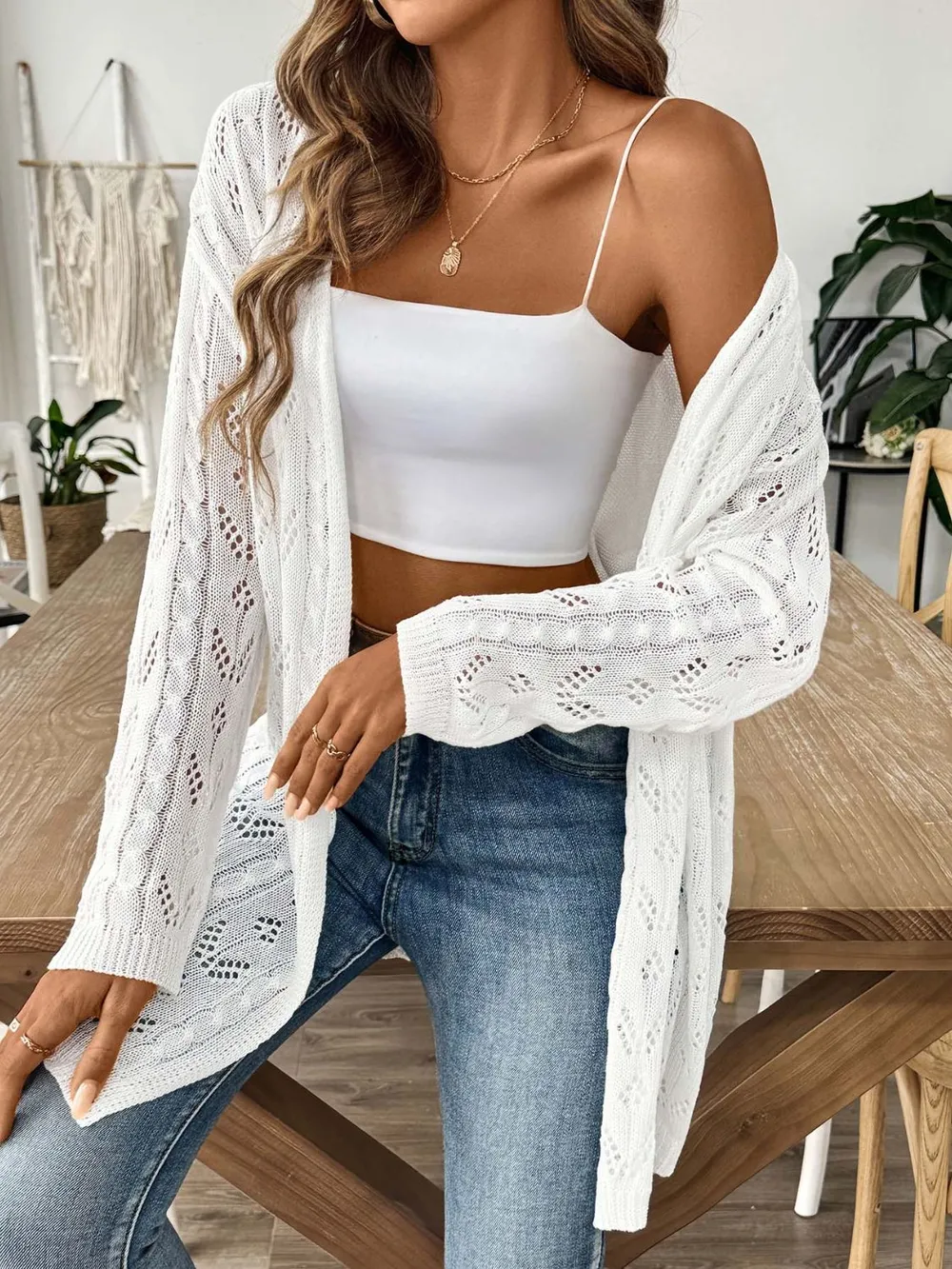 Openwork Open Front Long Sleeve Cardigan, image 4