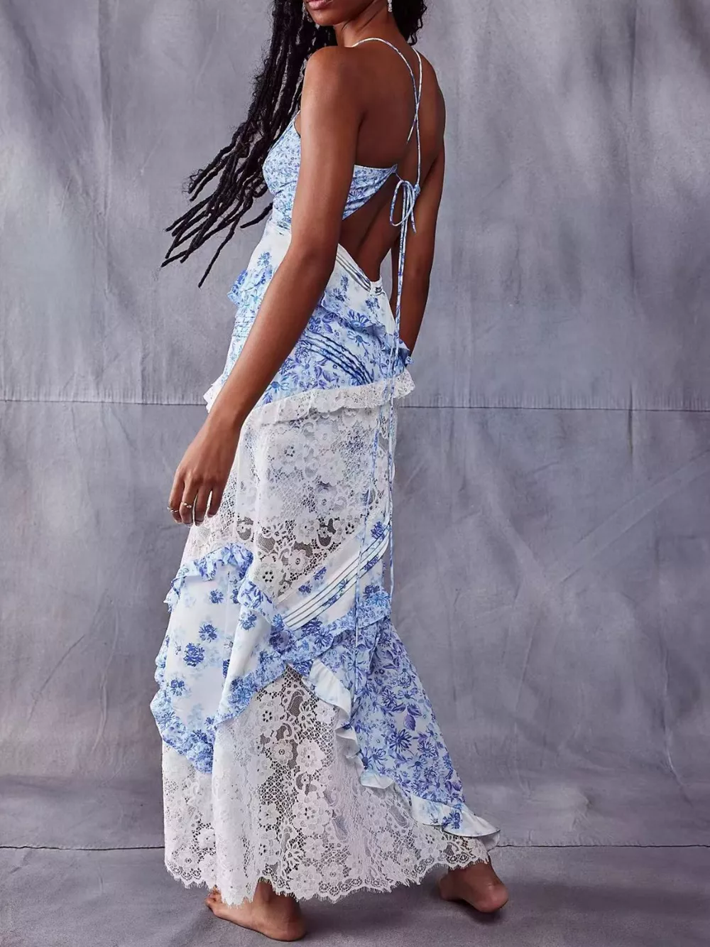 Lace Floral Print Ruffle Trim Maxi Dress, image 6