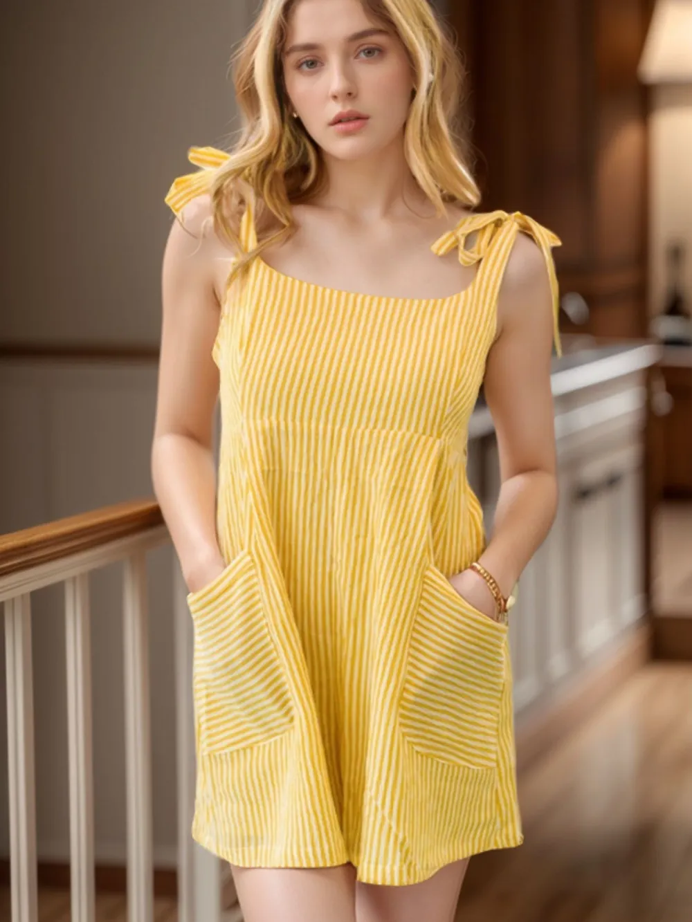 Stripe Shoulder Tie Smocked Back Casual Romper, image 3
