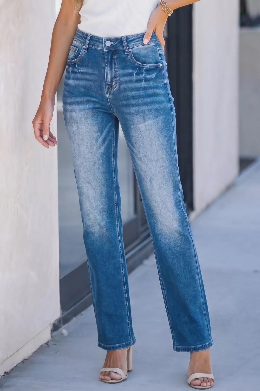 Acid Washed Straight Leg Full Length Casual Jeans, image 6