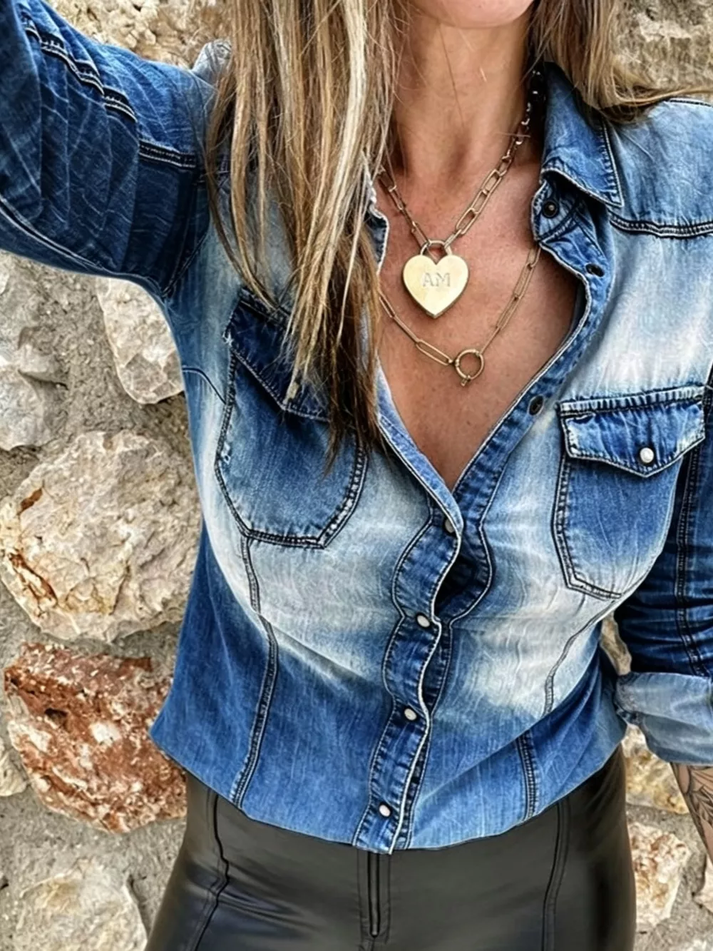 Vintage Wash Button Up Denim Shirt, image 2