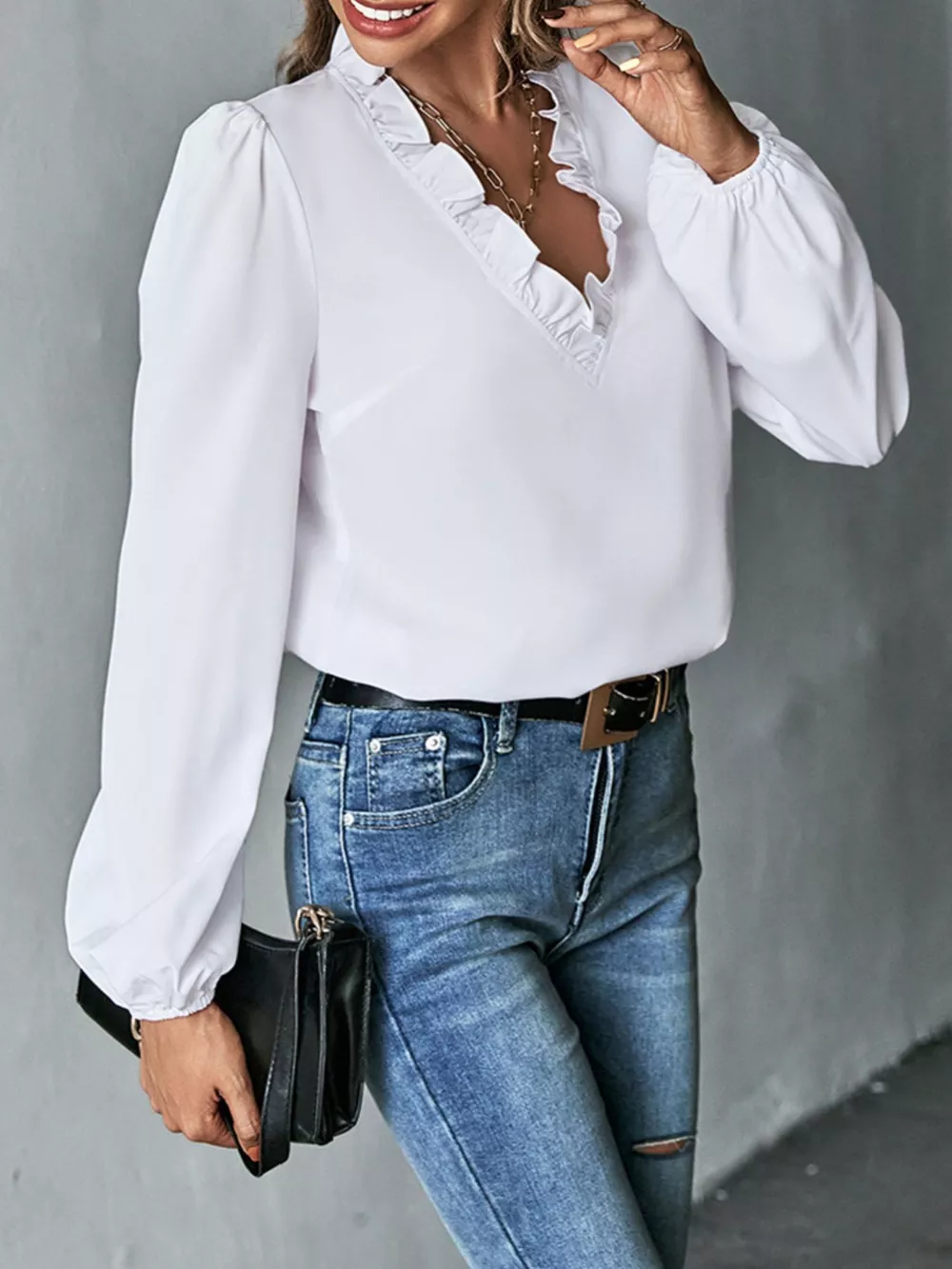 Ruffled Trim V-Neck Blouse, image 11