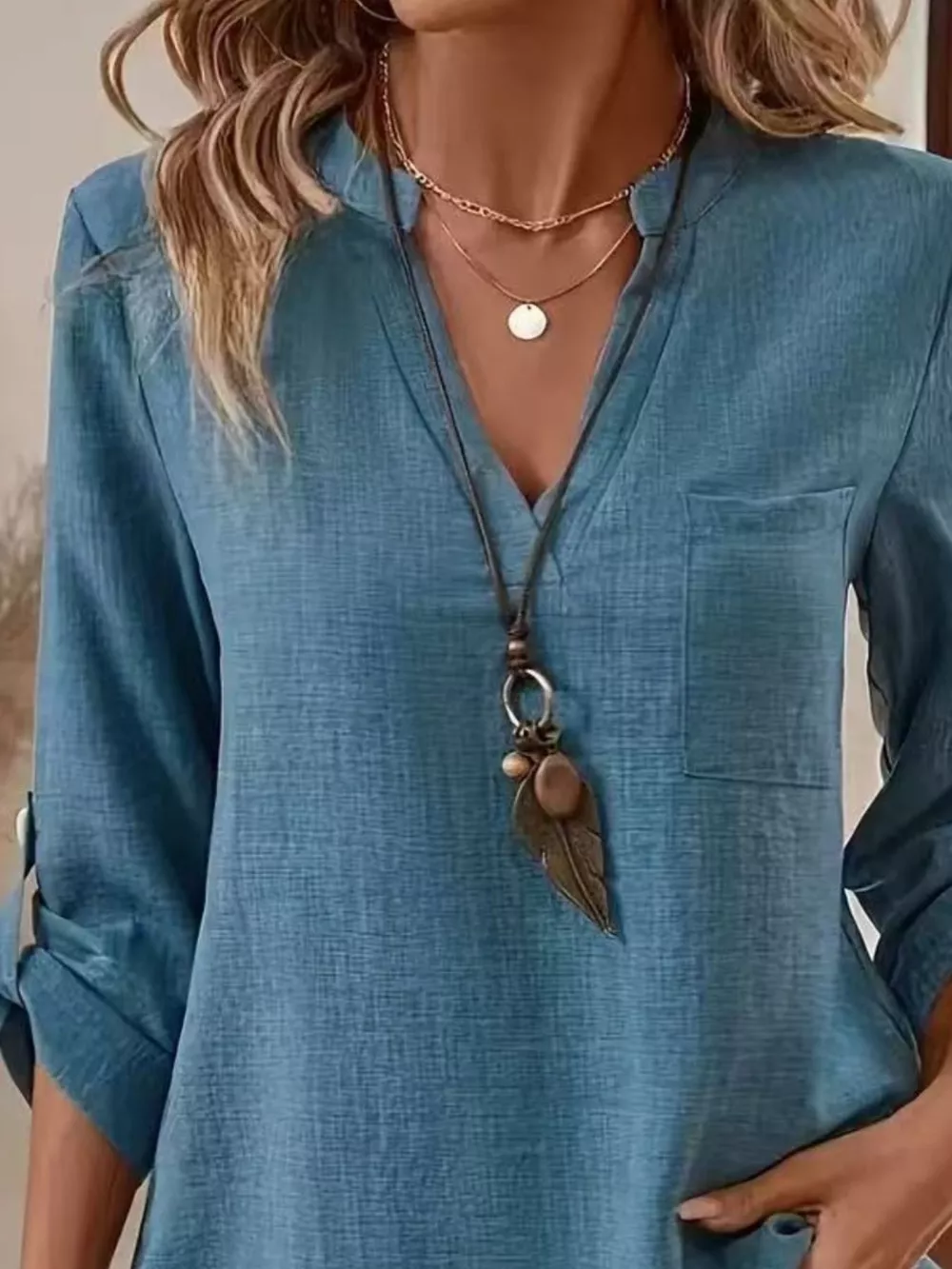 Notched Roll-Up Sleeve Blouse, image 3