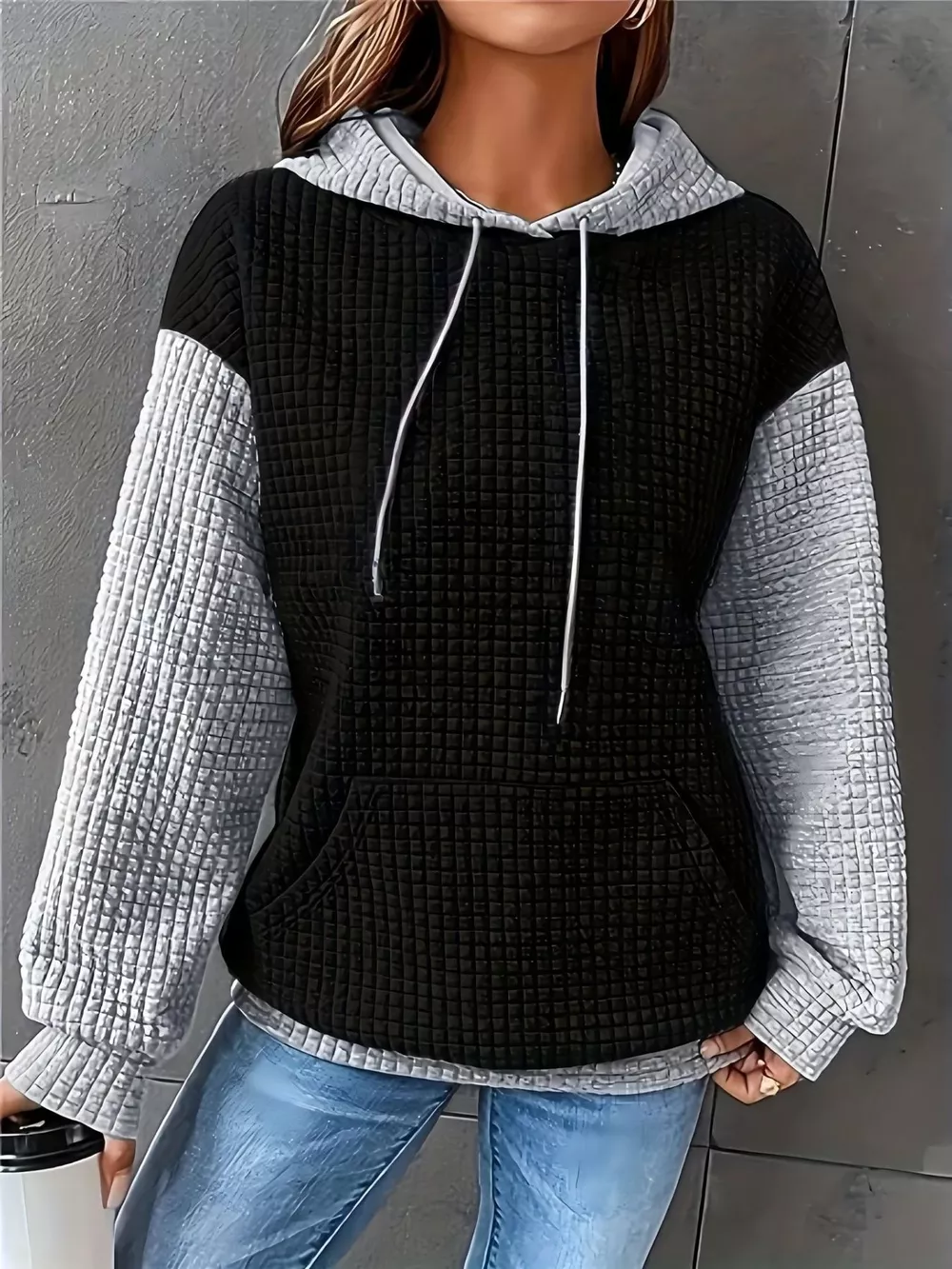 Full Size Textured Kangaroo Pocket Hoodie Plus Size, image 9