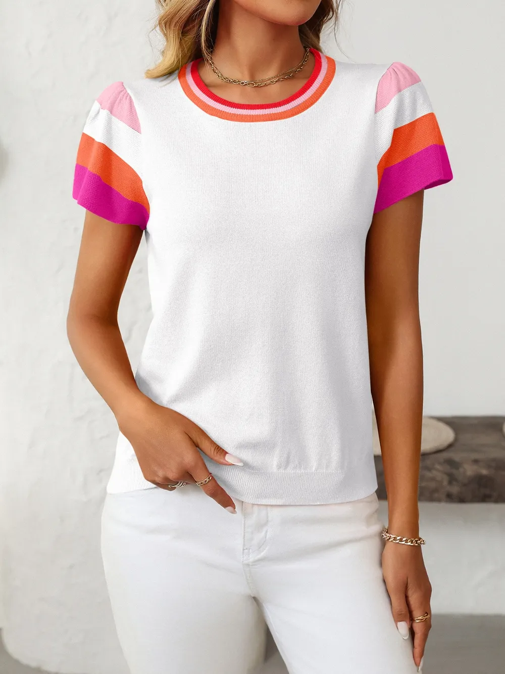 Contrast Round Neck Short Sleeve Knit Top, image 5