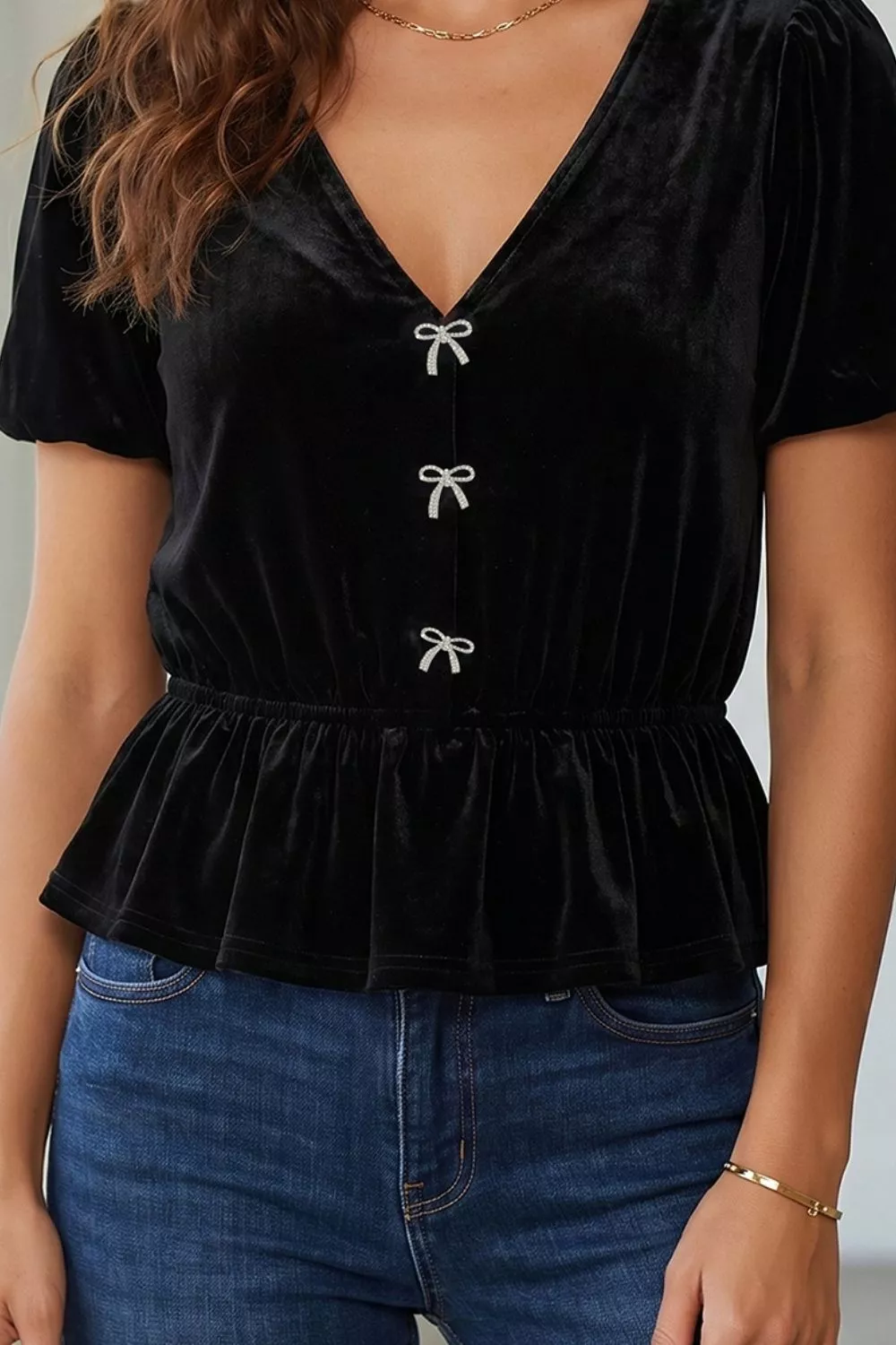 V Neck Bow Decoration Peplum Hem Shift Silhouette Short Sleeve Blouse, image 3