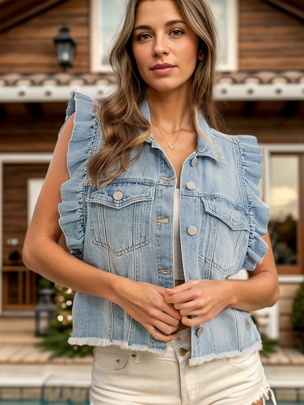 Raw Hem Ruffled Cap Sleeve Denim Jacket, image 7