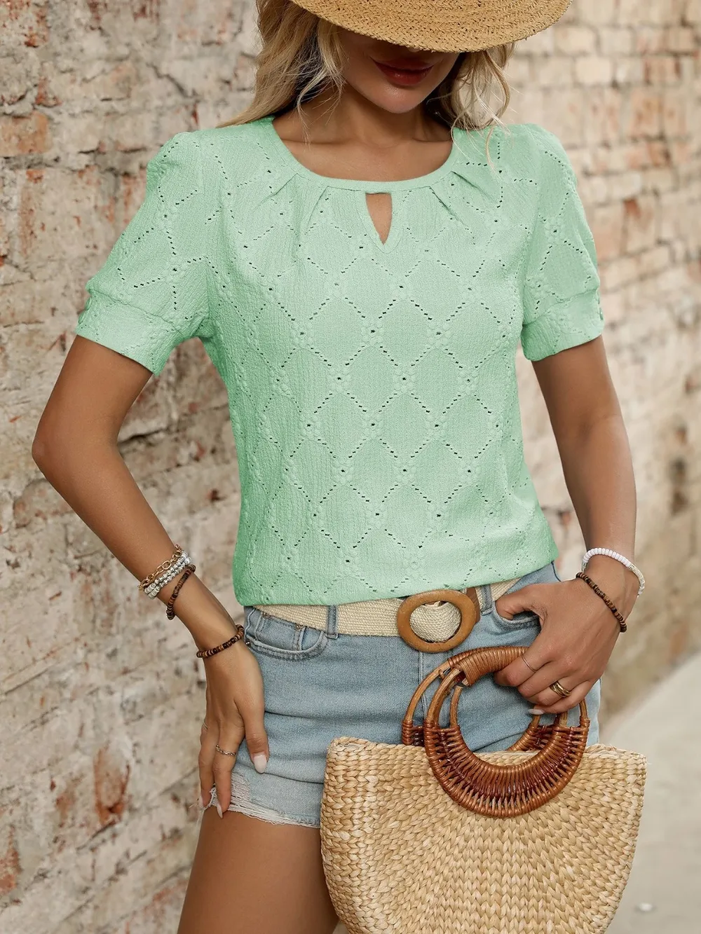 Eyelet Round Neck Short Sleeve Top, image 8
