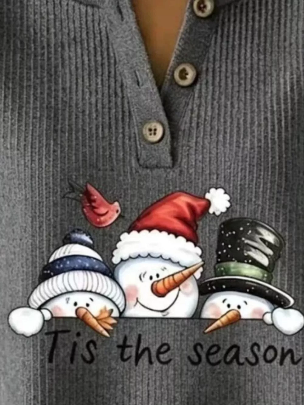 Full Size Christmas Themed Snowman Graphic Ribbed Henley Sweatshirt Plus Size, image 10