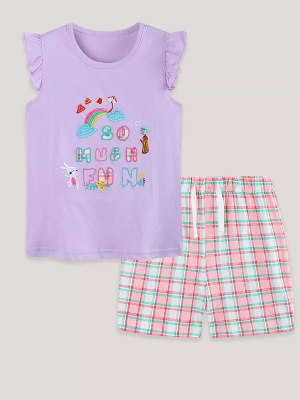 Children's Cartoon Graphic Ruffle Trim Tee & Plaid Shorts Set, image 2