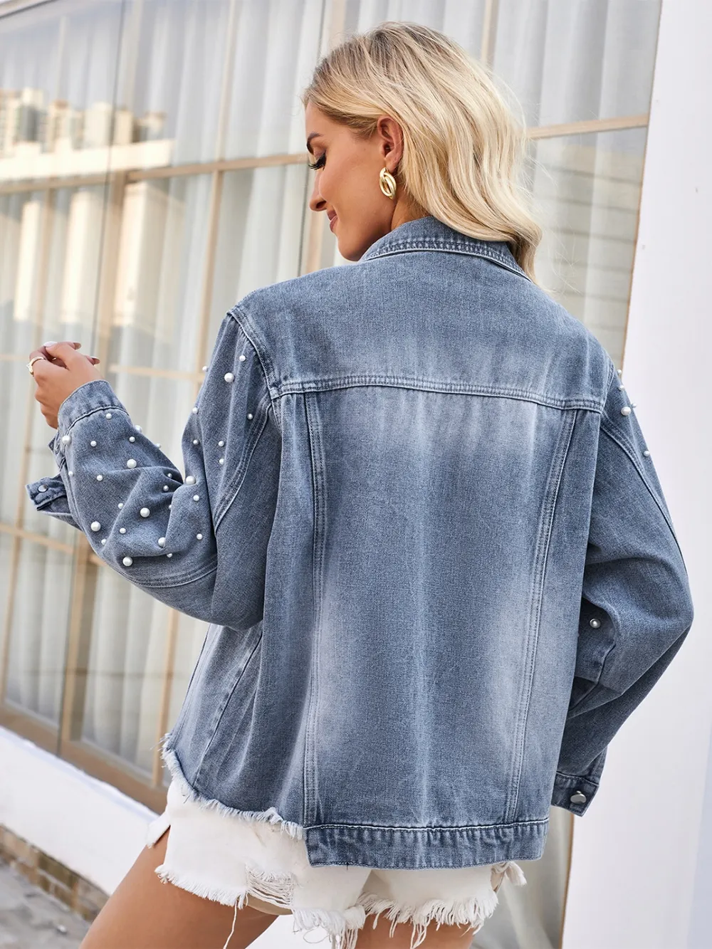 Pearl Trim Raw Hem Denim Jacket, image 4