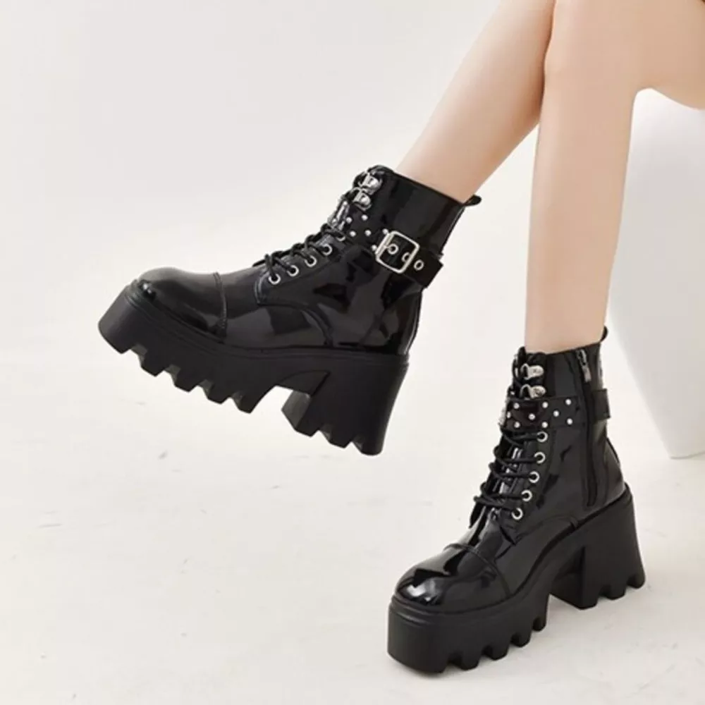 Platform Ankle Boots with Buckle and Studded Detail, image 5