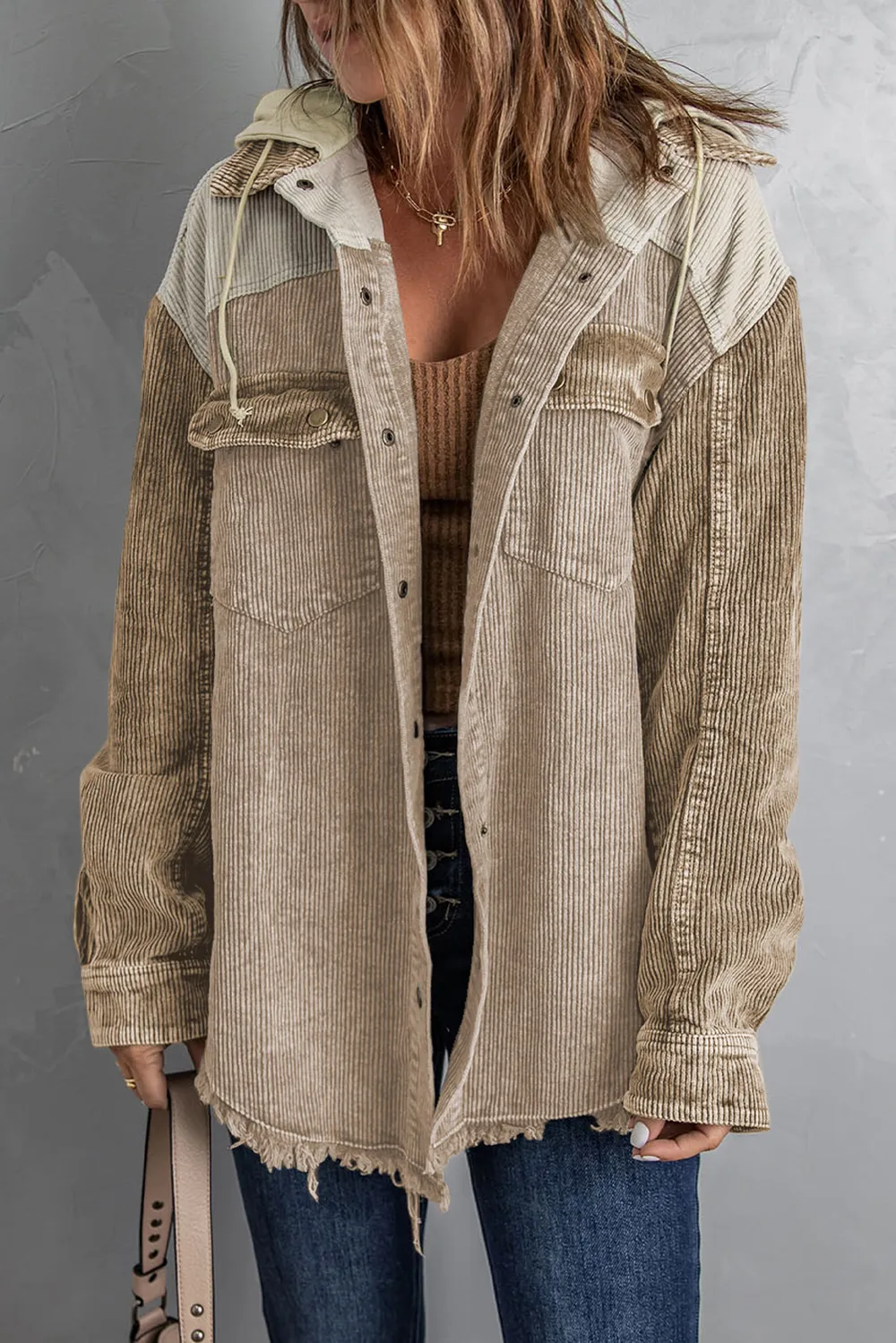 Snap Front Hooded Corduroy Shacket, image 7