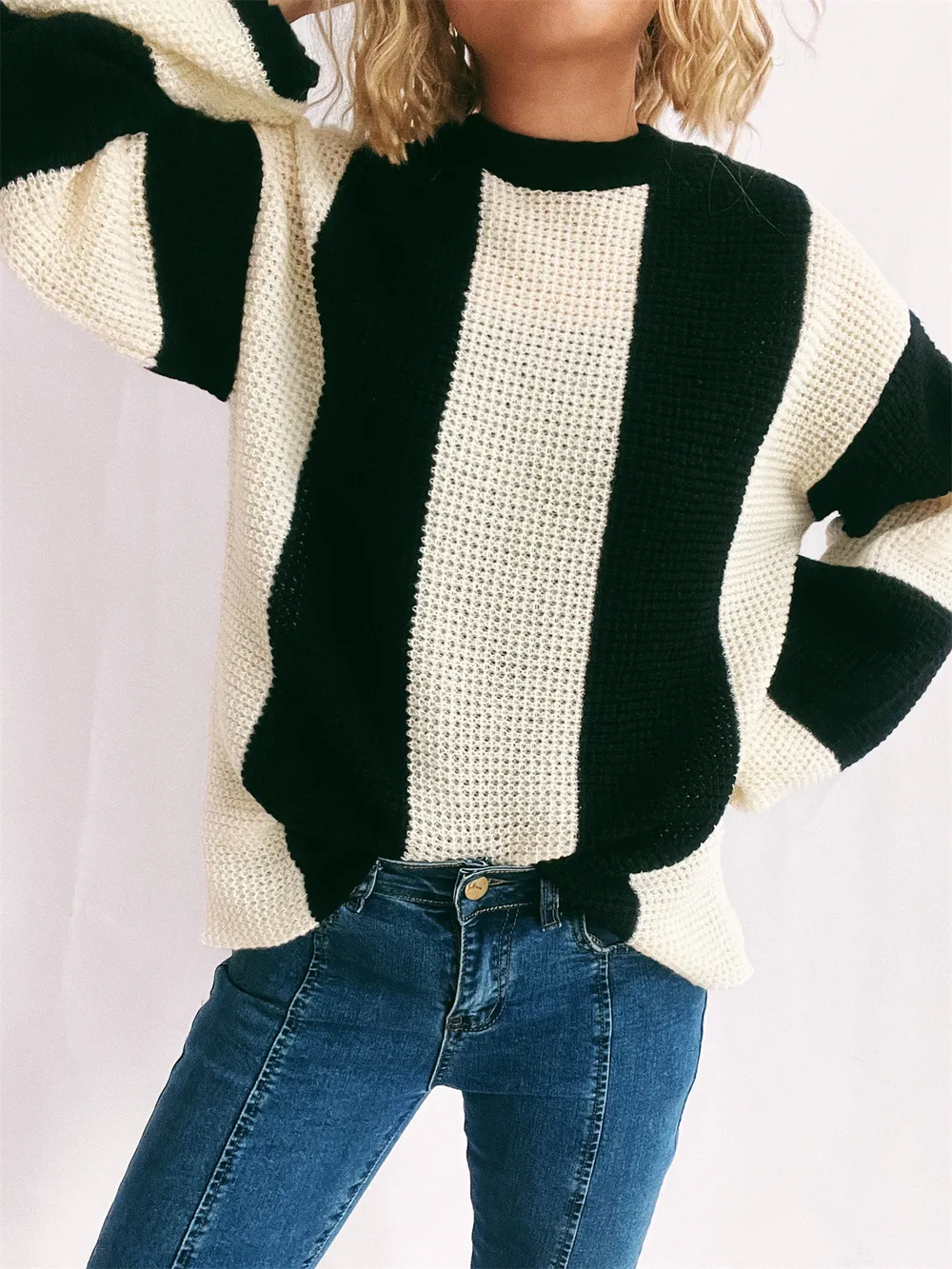 Color Block Round Neck Long Sleeve Sweater, image 4