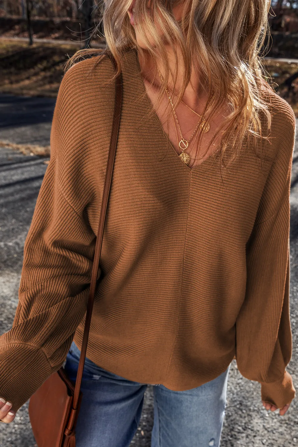 V-Neck Dropped Shoulder Long Sleeve Sweater, image 5