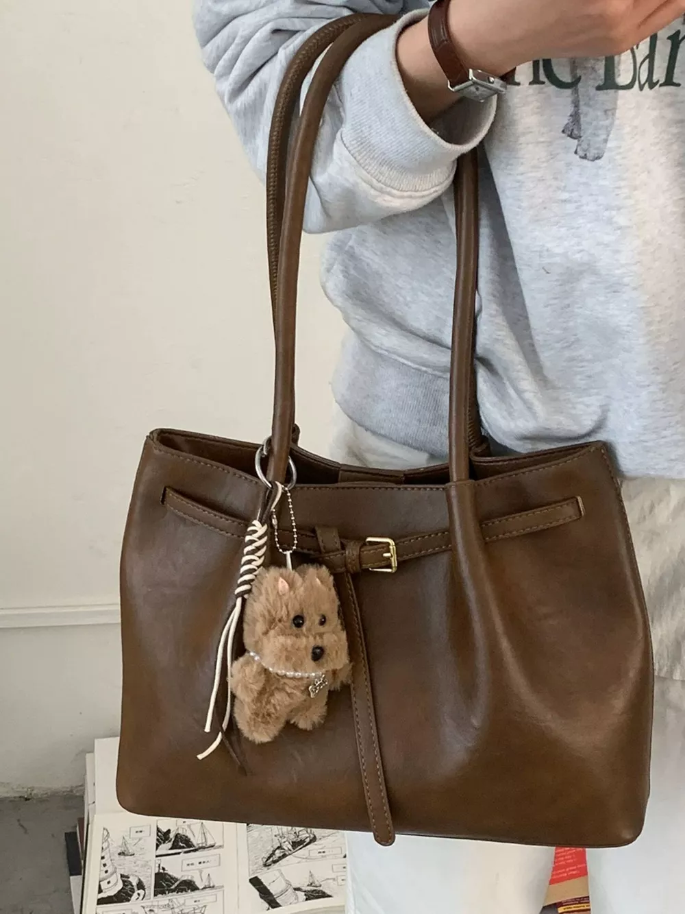 Buckle Decor Leather Shoulder Bag, image 3