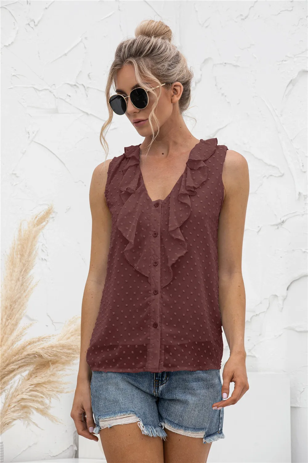 Swiss Dot Ruffled Wide Strap Tank, image 5