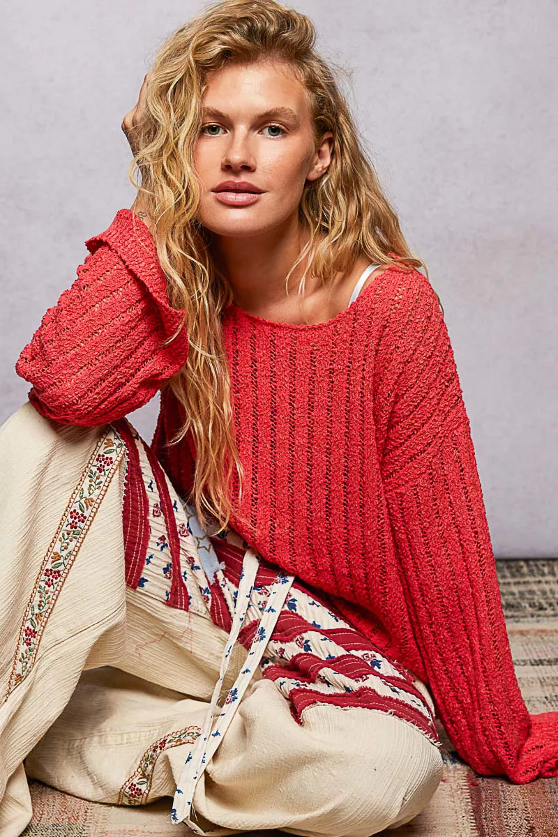 Round Neck Long Sleeve Open Weave Sweater, image 6