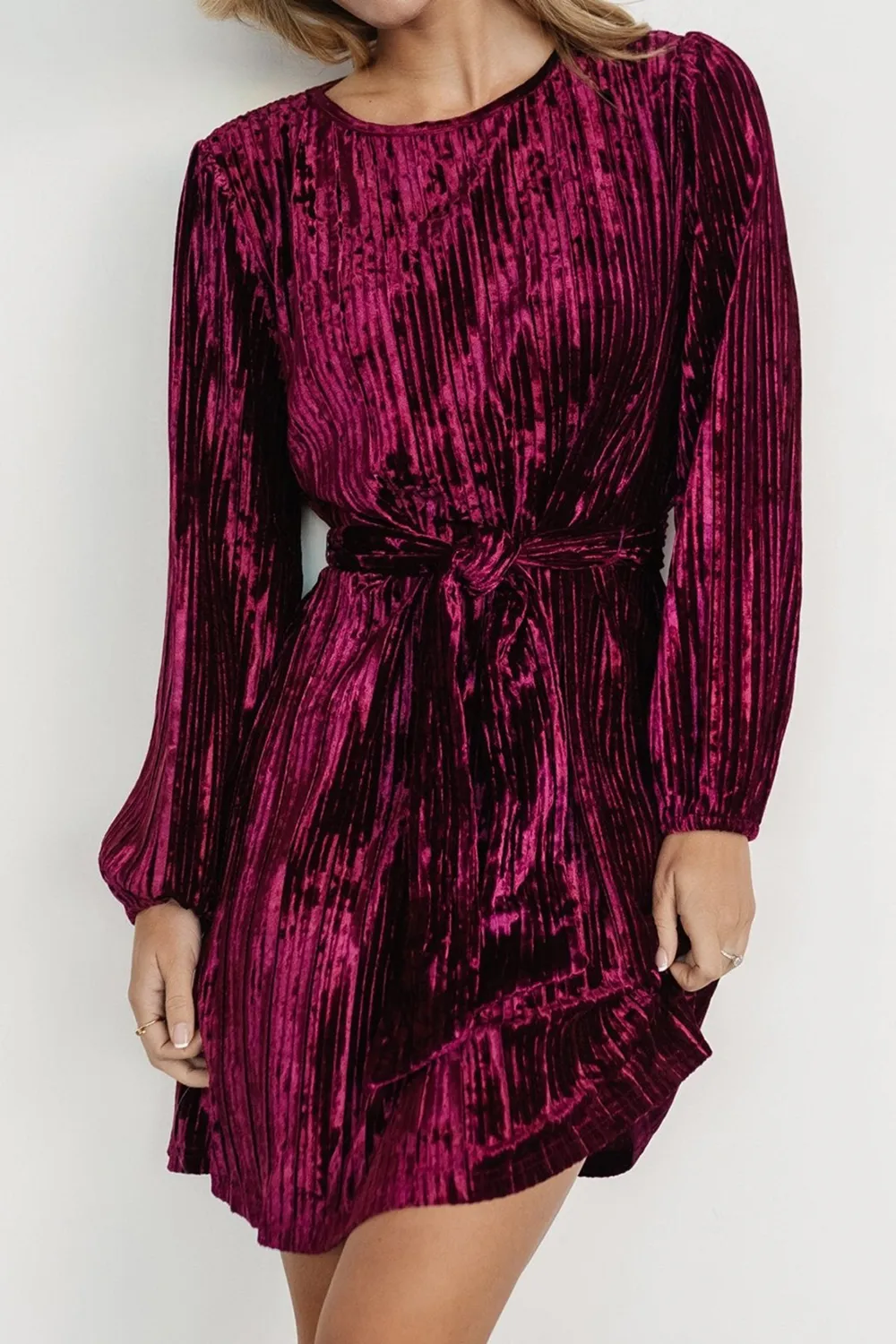 Velvet Round Neck Tie Waist Long Sleeve Mini Dress, image 4