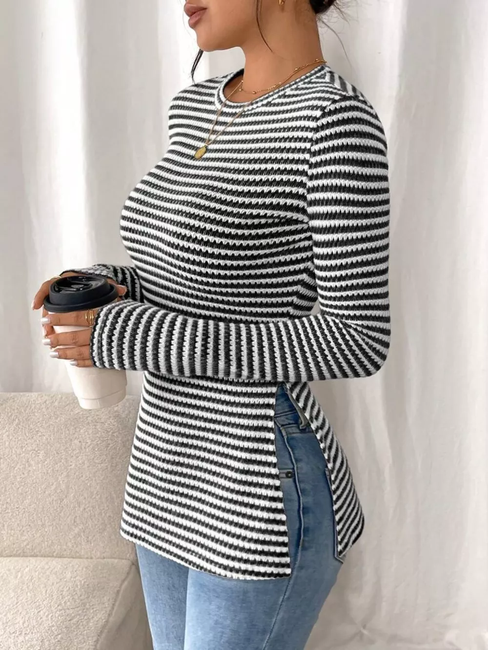 Slit Striped Long Sleeve Casual T-Shirt, image 5