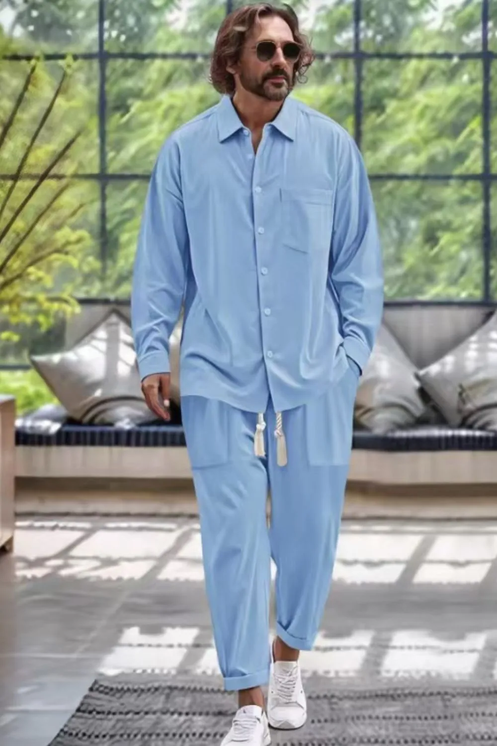 Men's Collared Neck Long Sleeve Top and Pants Set Plus Size, image 2