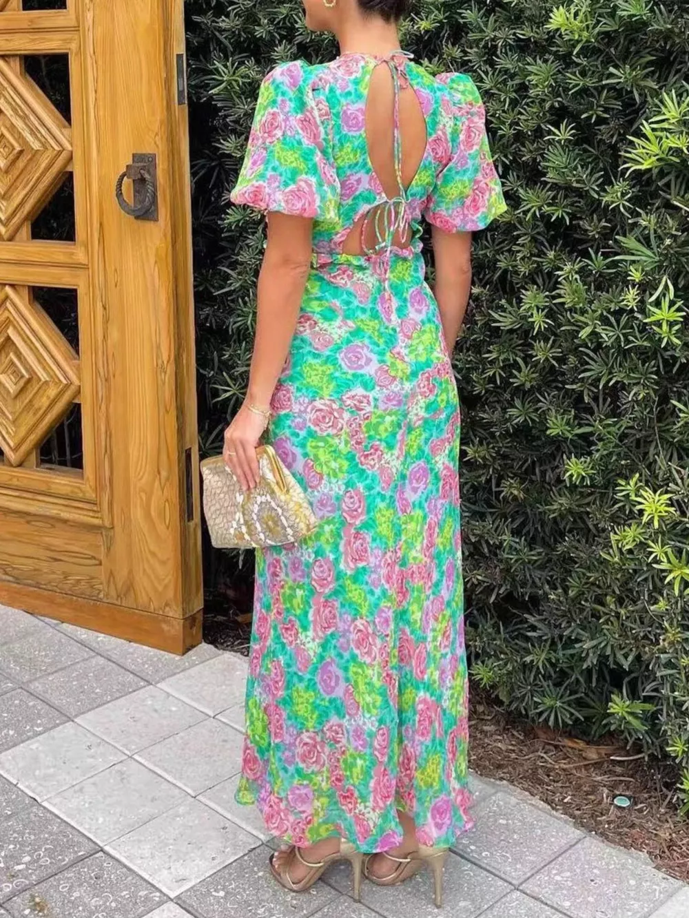 Floral Print V-Neck Puff Sleeve Midi Dress, image 3