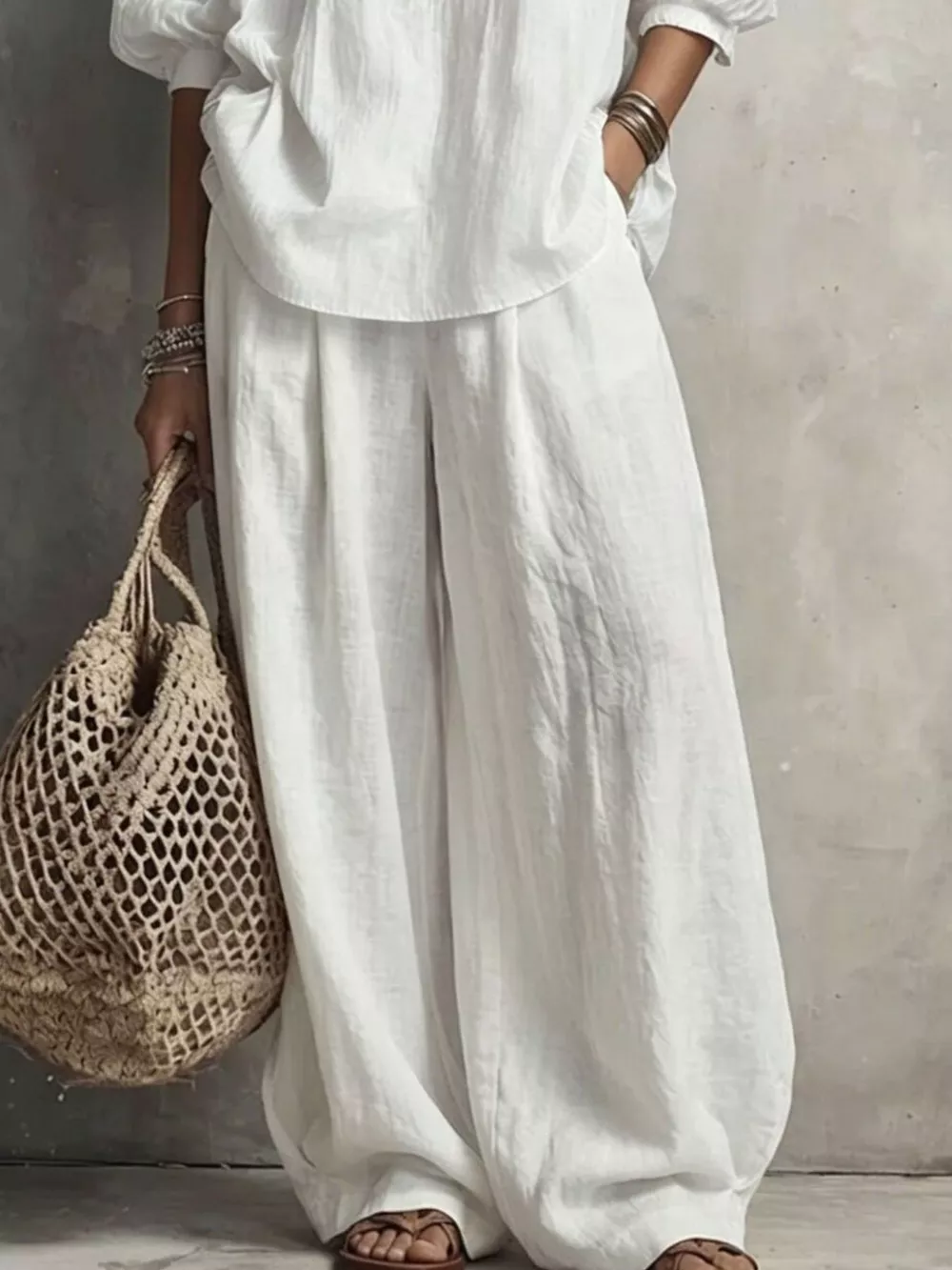 Notched Blouse and Wide-Leg Pants Set, image 9