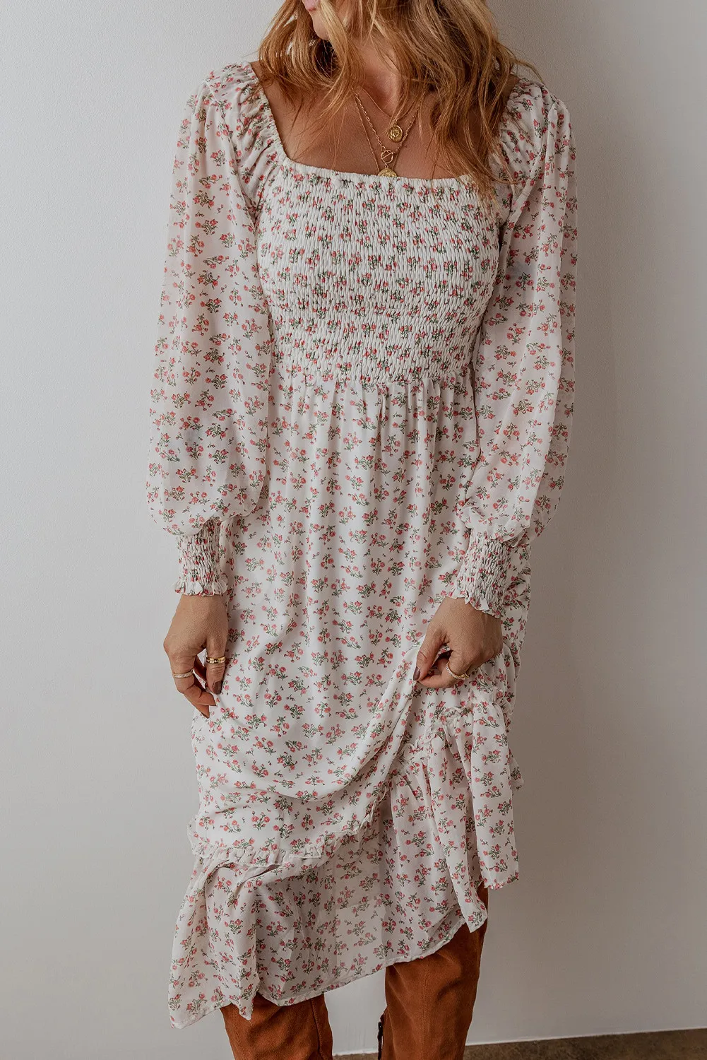 Smocked Floral Square Neck Long Sleeve Midi Dress, image 3