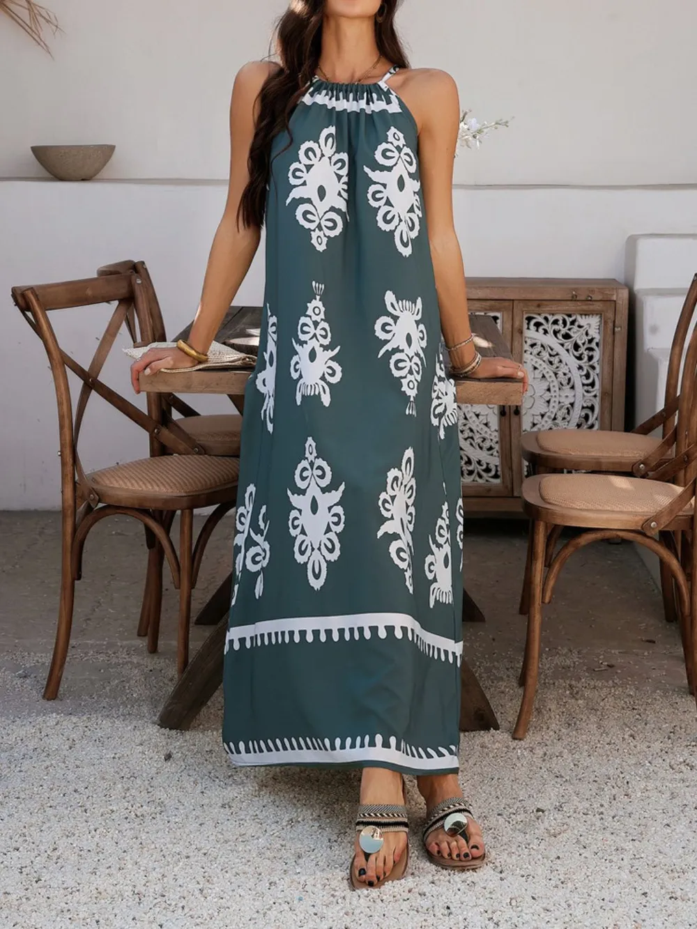 Grecian Neck Printed Maxi Dress, image 27