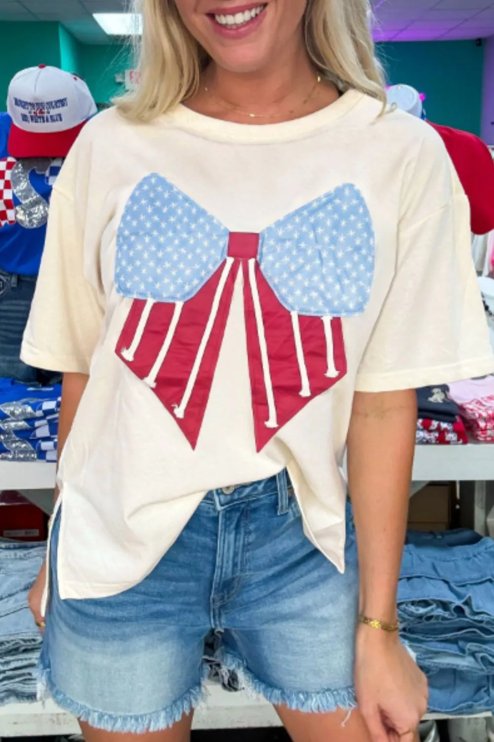 Loose Knit Vintage Flag Bow Patched T Shirt, image 3